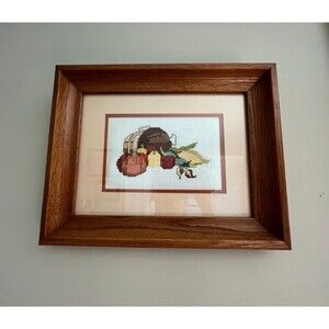 1970s Vintage Fall Thanksgiving Cornucopia Basket of Vegetables Fruit Art Piece